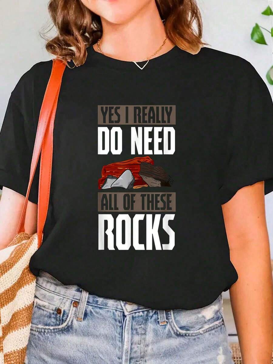 Geology Earth Scientists Geologists Mineral Collectors Rock T-Shirt Print Crew Neck T-Shirt For Summer, Women's Soft Short Sleeve Top, Stylish Comfy Tee For Women Graphic Tees - 黑色 - 查看 1