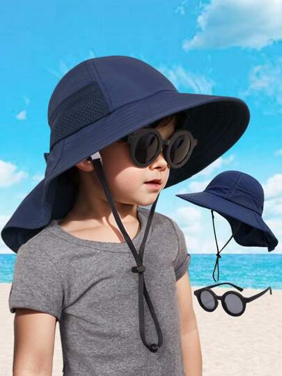 1 Set Baby Sun Hat, Toddler Kids Boys Girls Wide Brim Beach Hat With Sunglasses UPF 50+ Solid Color Neck Strap