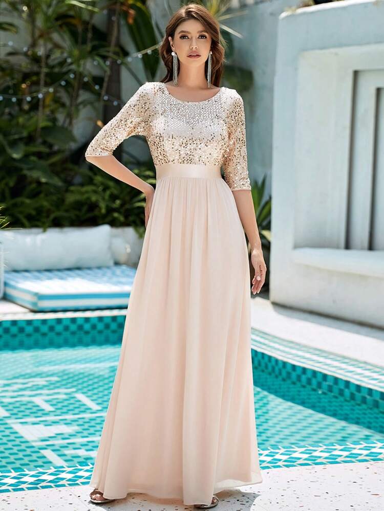 Contrast Sequin Bodice Chiffon Prom Evening Dress Elegant Formal Wedding Guest Gown, For Graduation, Dinner Party Dress