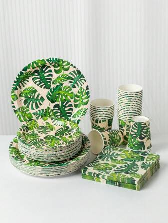 100 件植物叶图案派对一次性餐具套装，适合 20 位客人 - 包括一次性方形餐巾、纸盘、纸杯