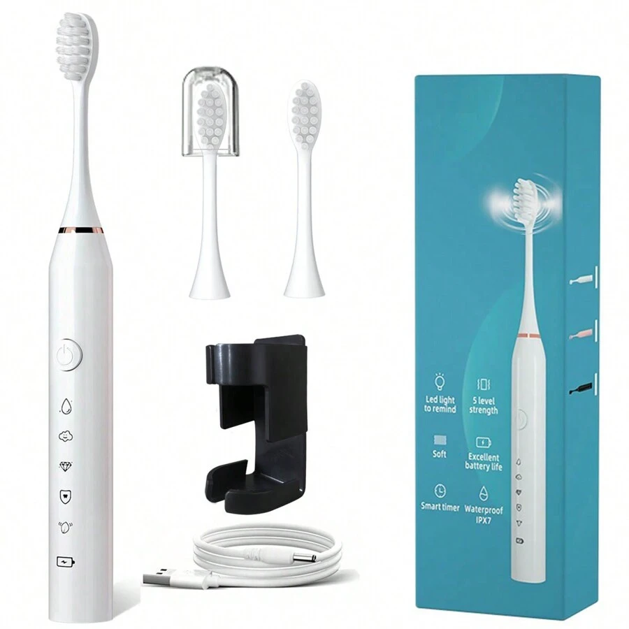 1pc Electric Toothbrush, 3 Replaceable Brush Heads, USB Charging, 5 Cleaning Modes, 1 Set Includes Bathroom Wall-Mounted Toothbrush Holder Storage Rack, Travel Toothbrush Dust Cover, Protects Oral Health, For Adult Use - 白色 - 查看 1