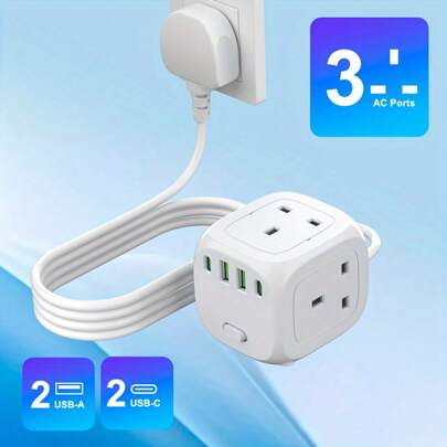 New Multifunctional Converter/Power Socket/Power Board With 3 Power Sockets, Matched With (2 USB-A) (2 TYPE-C), Equipped With 2m/6ft Power Cord, Suitable For Home, Office, Kitchen, And Other Places