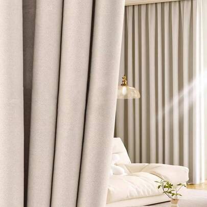 1pc Contemporary Simple Linen-Like Cream Color High Opacity Blackout Dust-Proof Thermal Insulated Curtain, For Living Room & Bedroom