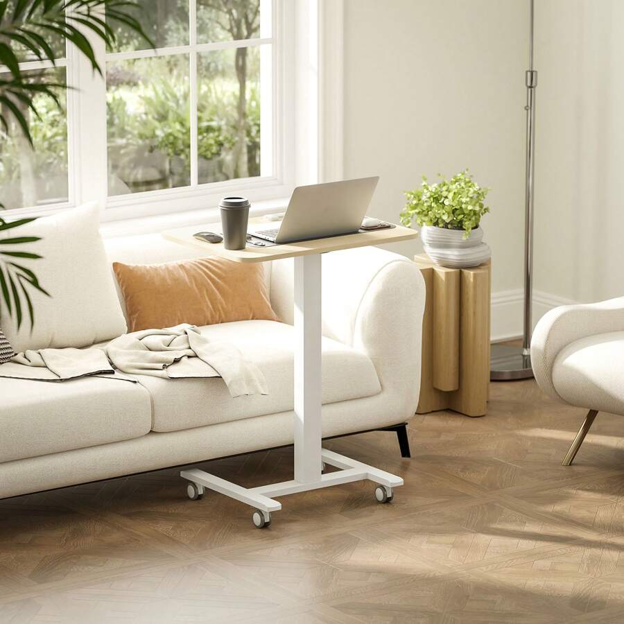 Vinsetto Movable Standing Desk, Height Adjustable Sit Stand Desk With Hand Crank, Stand Up Desk With 4 Rolling Wheels For Home Office, Natural Wood Finish - Brown - View 1