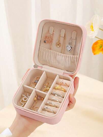1 件便携式珠宝盒收纳盒，耳环手饰项链戒指紧凑型迷你新品盒，旅行便携式迷你精致珠宝盒，单层拉链翻盖珠宝收纳盒，旅行配件，旅行收纳盒，伴娘礼物，节日礼物，珠宝，珠宝盒精美收纳盒返校