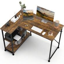 Umkehrbarer Schreibtisch L Form Eckschreibtisch mit Ablagefächern Reversibel Computertisch L-förmiger mit Ecktisch, Bürotisch L Form 2 Tier DIY Lagerregalen 110CM Eck Tisch Vintagebraun