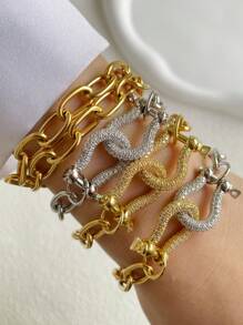 STYLEVER 1pc Gold And Silver Contrasting Bracelet , Rolo Chain ,Chain Lock Bracelet ,Screw Clasp Bracelet,Gold Horseshoe Charm Bracelet,U-Shape Charm Bracelet - Yellow Gold - View 3