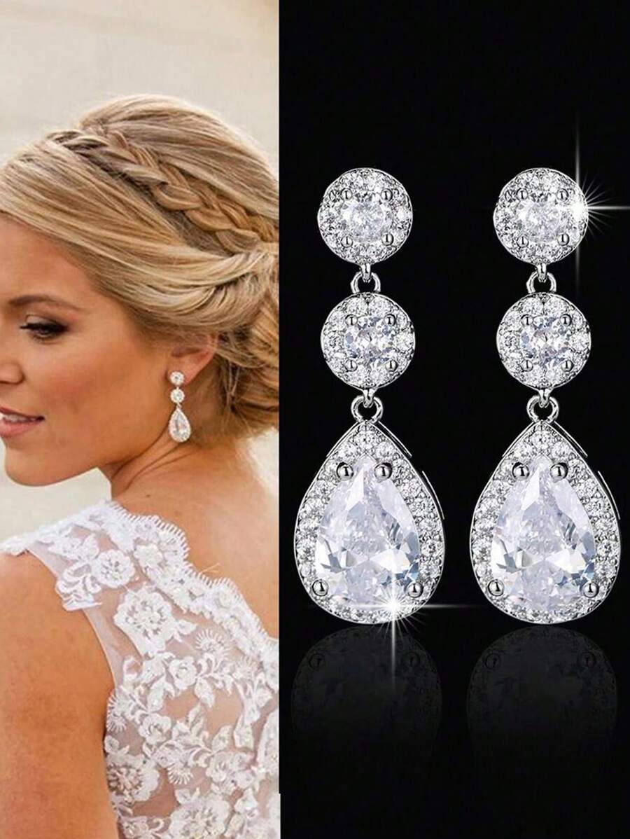 1 对时尚闪亮密镶长款女士耳环耳钉，优雅适合日常、旅行、派对场合 - 銀色 - 查看 1