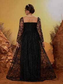 Anpoket Plus Size New Arrival Round Neck Evening Gown Dress, Embroidery Flower Long Dress, Party Dress, Wedding Guest Dress, Formal Dress - Black - View 5