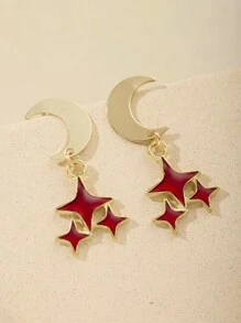 2 piezas de Pendientes elegantes de moda vintage con diseño de estrellas y lunas, de aleación con acabado dorado desgastado, regalo versátil para uso diario, fiesta, cumpleaños