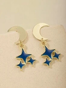 2 piezas de Pendientes elegantes de moda vintage con diseño de estrellas y lunas, de aleación con acabado dorado desgastado, regalo versátil para uso diario, fiesta, cumpleaños