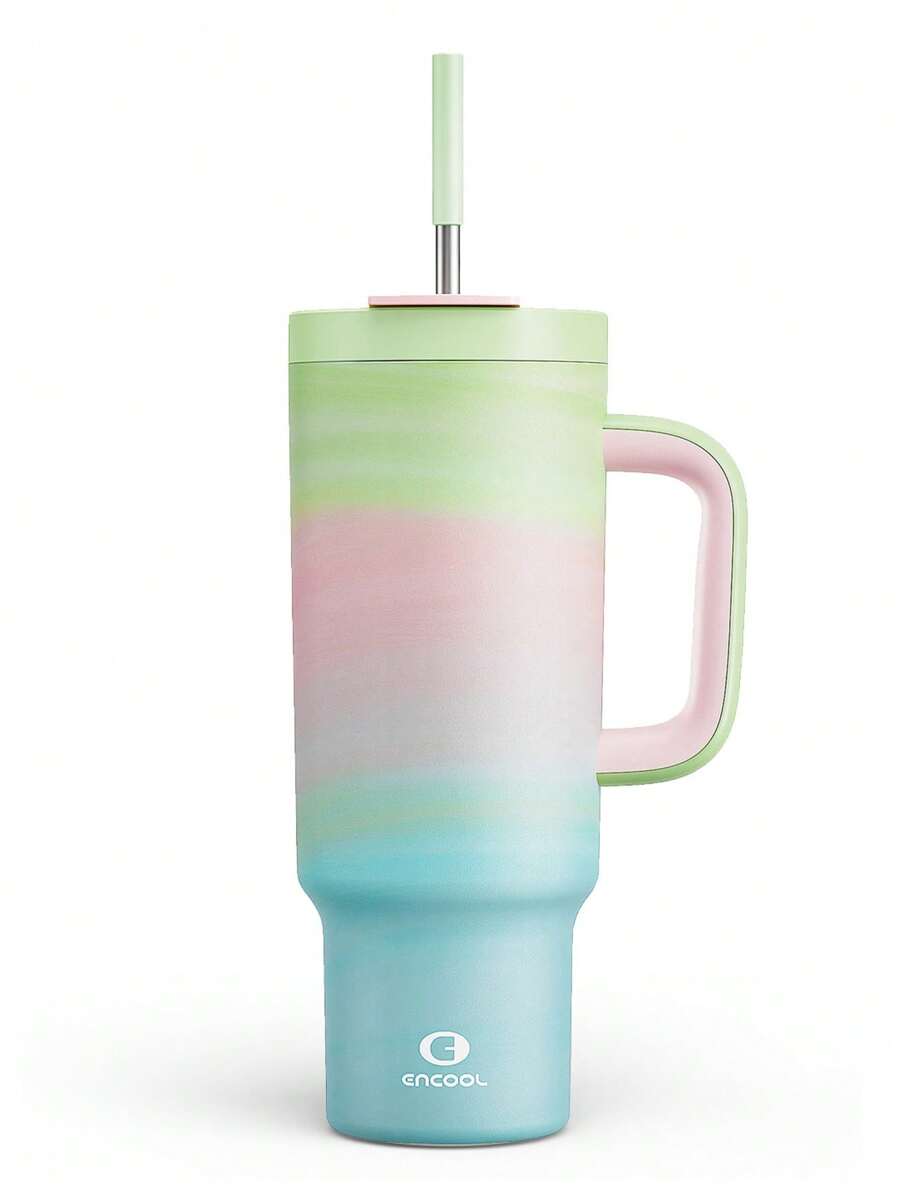 Bình giữ nhiệt 40oz có tay cầm và ống hút, chống rò rỉ 100% với nắp và ống hút, cốc du lịch bằng thép không gỉ, giữ đồ uống nóng đến 34 giờ, vừa với giá đỡ cốc trên ô tô. - gradient xanh hồng xanh - Xem 1
