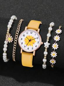 5PCS Yellow PU Leather Strap Women's Watch Set Fashion Fresh And Simple Ins Style Flower Flower Flower Element Dial Quartz Watch Bracelet Set For Her Holiday Gift - Yellow - View 2