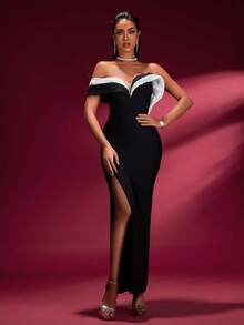 Đầm Maxi dự tiệc màu tương phản một bên vai cho nữ mùa thu - màu đen - Xem 4