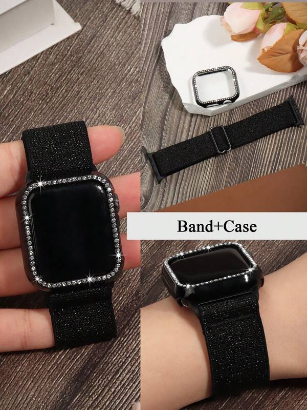 2 paquetes de Carcasa protectora y correas para reloj de 38, 40, 41, 42, 44, 45, 46 MM compatibles con Series 10, 9, 8, 7, SE, 6, 5, 4, 3, incrustados con rhinestones brillantes, en acabados negro, plateado y dorado, con correas elásticas Bling Bling para la muñeca, mejor set de accesorios