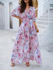 PoPoHouse Women's Elegant Romantic Holiday Wind Floral Print Belt Summer Dress, Beach Vacation Outfits Women Pink - Pink - View 3