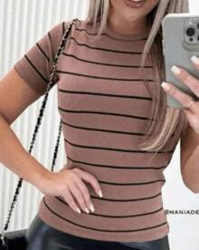 Casual Striped Summer Blouse - Rust Brown - View 2
