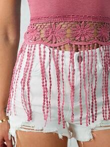 Tops Sin Manguito Casual Jersey Para Mujeres,Top De Encaje y Flecos En El Dobladillo De Color Sólido - Rosado Sandía - Ver 5