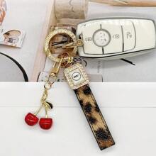 TTOBS 1pc Handmade Leopard Leather Car Key Chain With Unique Cherry Pendant - , Fashionable And Multifunctional Backpack Key Chain, Perfect Accessory For Backpacks. An Ideal Gift For St. Patrick's Day, Valentine's Day, Or For Your Beloved Lady. - Multicolor - View 2