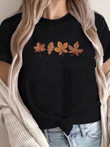 Women's Cool Autumn Leaves Pattern Valentines Day T-Shirt, 220gsm Round Neck Casual Heavy Pure Cotton T-Shirt (1 PC)