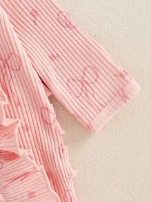 Baby Girl Spring Fall Winter Clothes Newborn Baby Girl Hospital Going Home Outfit Ribbed Footed Romper Bow Print Long Sleeve Full Length Ruffle Zipper Footie Jumpsuit Headband - Pink - View 8