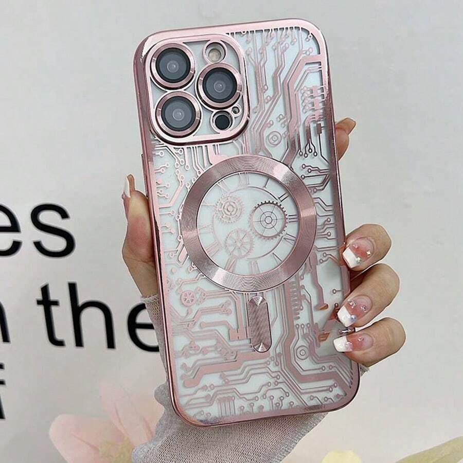 Electroplating Mechanical Pattern Mobile Phone Case, Magnetic Mobile Phone Case With Lens Film Protective Cover Suitable For IPhone14/14pro IPhone14ProMAXiPhone13pro Gift For Birthday, Mother, Family, Friends, Boyfriend, Girlfriend - Pink - View 1