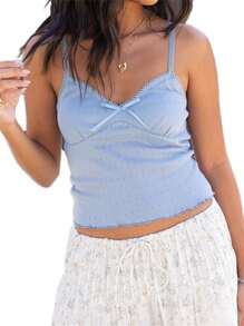 Women Summer Crop Camisole Casual Cute Bow V-Neck Spaghetti Strap Tank Tops Sleeveless T-Shirt For Club Streetwear - Blue - View 5