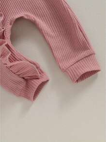 Mono de otoño para niña pequeña, color liso, cuello redondo, mangas voladoras, volantes, cremallera, mono con lazo en la cabeza - Rosa - Ver 8