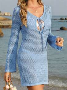 Women Beach Cover Up Solid Color Tie-Up Front Hollow-Out Summer Swimsuit Cover Up Bathing Suit Cover Ups Dresses