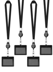 1Pc PU ID Card Holder Retractable Buckle Brand Access Card Holder With Lanyard Easy Pull Buckle Work Card Badge Black Fashion Office Worker Unisex Four Seasons Universal,School Supplies,Back To School - Black - View 6