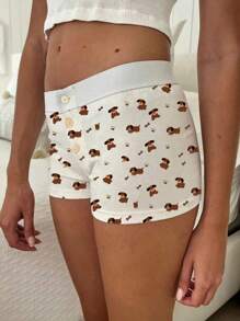 Pantalones cortos de pijama de mujer con estampado floral, botones y cintura elástica, cómodos shorts para dormir - Caqui - Ver 5