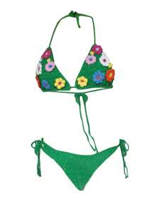 Traje de baño de dos piezas de punto para mujer, traje de baño sexy, conjuntos de bikini de triángulo con flor a ganchillo, parte superior de tirantes, bikini de tiras para playa - Verde - Ver 6