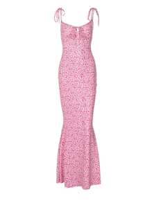 Women's Spaghetti Strap Dresses Drawstring Design Floral Print Slim Fit Long Bodycon Dresses Perfect For Summer Spring - Pink - View 3