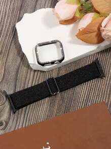 2 件/套保护壳和表带，适用于 38 40 41 42 44 45 46 毫米，兼容 系列 11 10 9 8 7 SE 6 5 4 3 2 1，镶嵌闪亮水钻，高光电镀黑色/银色/金色，配有 BlingBling 弹力环形腕带，最佳配件套装兼容