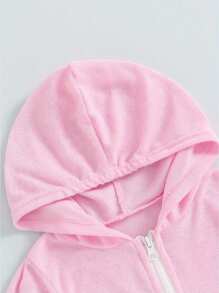 Little Girl Swim Cover Up Casual Loose Solid Color Short Sleeve Ruffled Zipper Hooded Swimsuit Toddler Bathing Suit - Pink - View 4