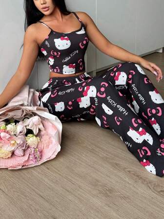 Sanrio 2 st Hello Kitty-mönstrade damlinne med kort topp och resår i midjan och raka byxor, söt pyjamasset