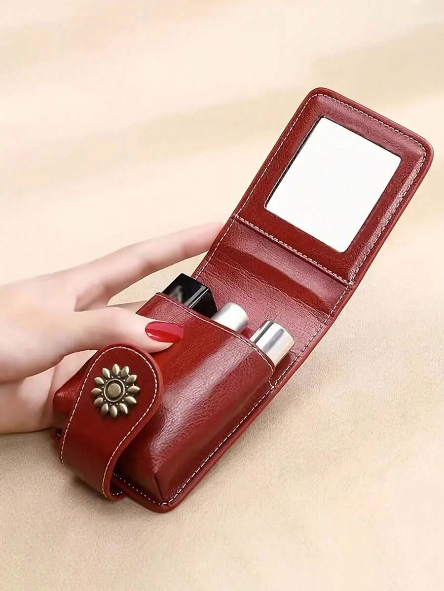 1pc Mini Cosmetic Case With Mirror, Elegant Faux Leather Lipstick Bag, Portable Makeup Pouch With Snap Closure - Versatile And Stylish For Daily Use And Travel
