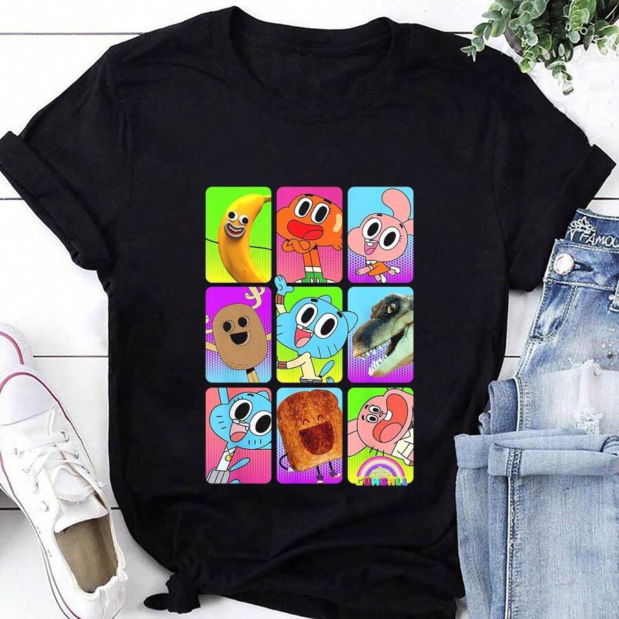 Amazing World Of Gumball Cast Pictures Graphic T-Shirt, The Amazing World Of Gum Women's Short Sleeves - Black - View 1