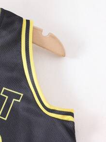 2pcs Boys' Casual Numeric Print Sports Set - Top And Shorts, Spring/Summer - Black - View 4