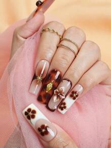 10pcs Handmade Long Square Press On Nails 3D Cherry, Art Flower, Pointed Star Fake Nails Vintage French Tip Nails Style For Women And Girls