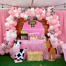 طقم أقواس البالونات بشكل بقرة - بالونات التكس بقرة وردية فاتحة بأحجام مختلفة لأقواس البالونات لاحتفال عيد ميلاد البنات بموضوع قرية مزرعة الغرب المطبوع عليه صور البقرة، ديكورات وإمدادات حفل