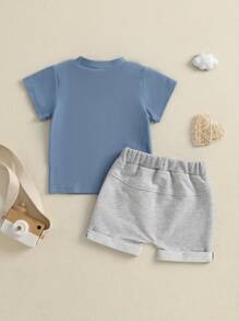 Boys Summer Shorts Sets Short Sleeve O Neck Letter Print Tops And Solid Color Shorts Sets - Blue - View 6