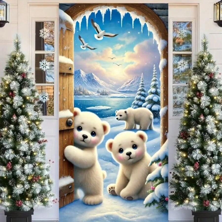 2D Christmas Horizontal Banner, Merry Christmas Polar Bear Horizontal Banner - Polyester, Indoor/Outdoor Winter Scene Decoration, 35.43 X 70.86 Inch, Ideal For Home Entrance And Garden