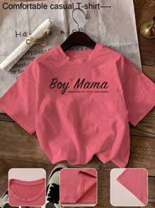 Letter Printed T-Shirt, Short Sleeved Round Neck Casual Top, Spring And Summer Casual Women's Clothing - 酒紅色 - 查看 1