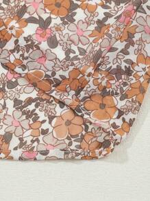 Printed Puff Sleeve Button Decor Round Neck Ruffle Hem Blouse, Women Autumn Clothing - Orange - View 10
