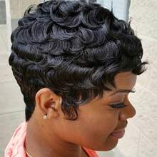 Tóc giả bằng tóc thật ngắn 6 inch - Kiểu tóc xoăn Pixie thanh lịch không ren, mật độ 150%, mũ lưới hoa hồng không keo - Quà tặng năm mới lý tưởng cho mẹ - màu đen - Xem 6
