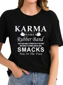 For KARMA Smacks Graphic Tee - Women's Casual Round Neck Short Sleeve T-Shirt, Black With White Geometric Heart Design, Machine Washable, Summer Top 100% Cotton