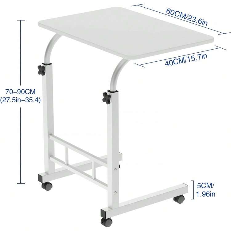 VELI Escritorio Portatil, Mesa para Laptop, Escritorio de Computadora y Trabajo, Mesa Auxiliar móvil con Ruedas, Mesa para Cama de Altura Ajustable con Estructura en Forma de C (Blanco, 60cm) - Blanco - Añade 2