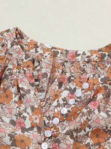 Printed Puff Sleeve Button Decor Round Neck Ruffle Hem Blouse, Women Autumn Clothing - Orange - View 7