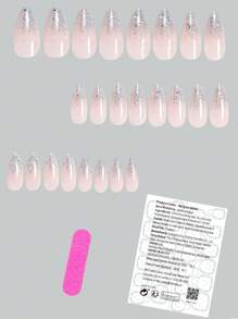 24 片杏仁形按压假指甲时尚优雅银色闪光粉色假指甲立即提升您的外观，美丽的闪光渐变西瓜粉色假指甲全覆盖假指甲适合女性和女孩，1 片果冻凝胶 + 1 条锉刀果冻凝胶随机发货美甲用品指甲 - 銀色 - 查看 2